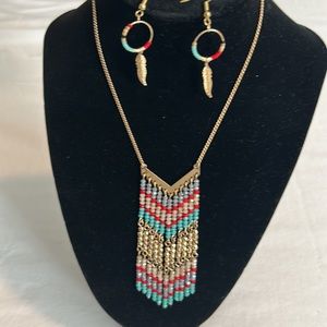 Turquoise/Gold Long Tassel necklace with coordinating earrings